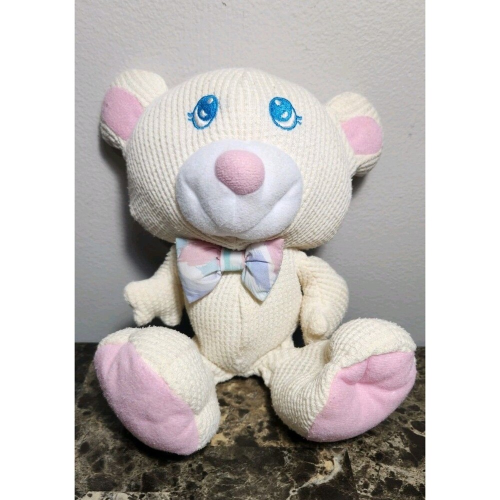 Vintage Fisher-Price Waffle Knit Cream Cozies Bear Plush w/ Bow Tie